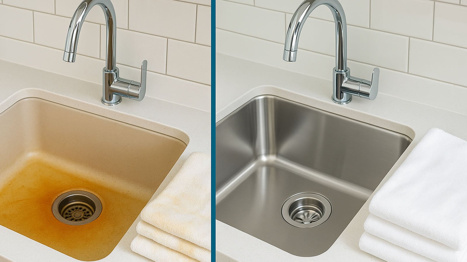 Before and after comparison showing rusty stains versus clean fixtures and laundry