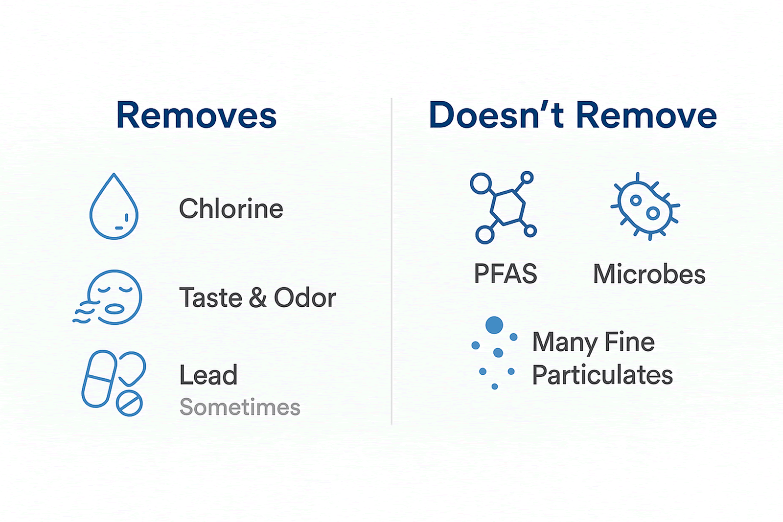 Infographic showing what fridge filters remove and do not remove