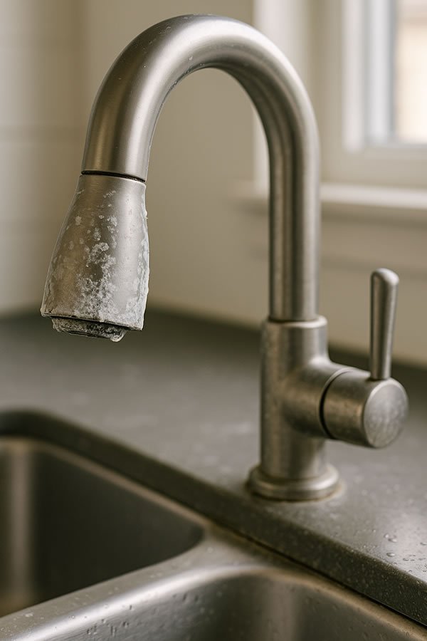 Hard water scale buildup on faucet