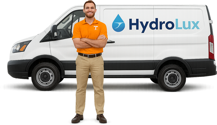 HydroLux Service Van and Professional Water Treatment Specialist