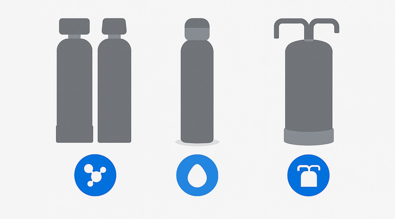 Comparison lineup showing salt-based softener, salt-free conditioner, and dual-tank softener
